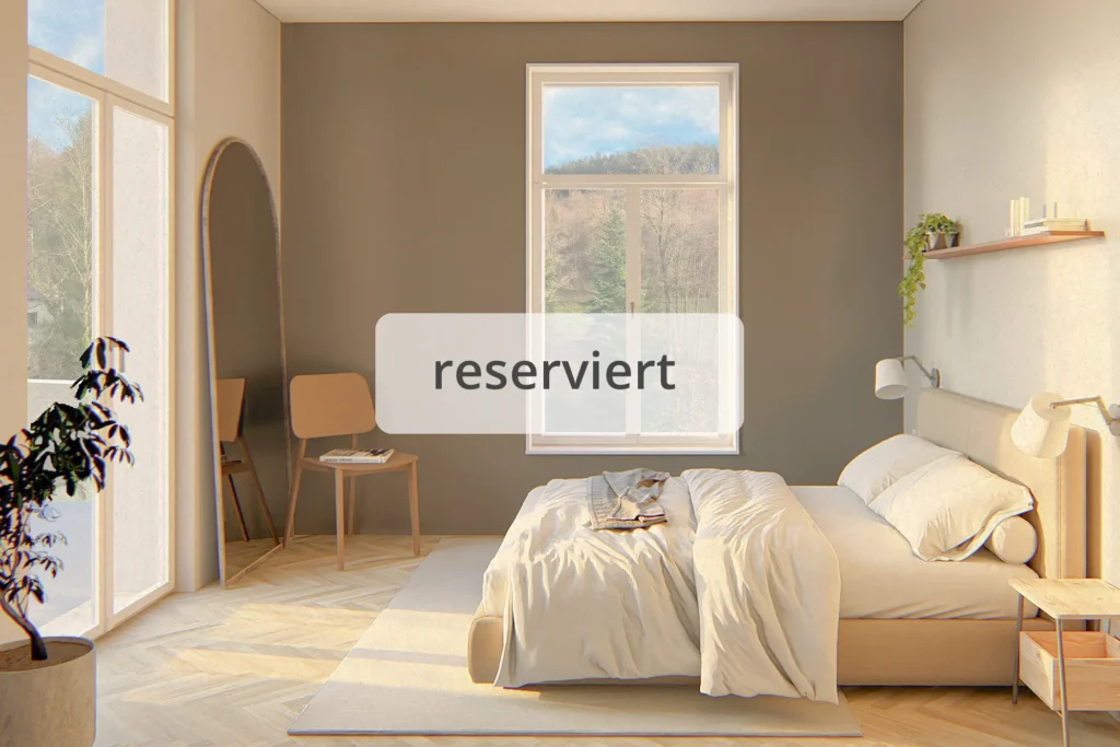 Innenansicht eines modernen Schlafzimmers mit natürlichem Licht – Wohnung W12 im Natursalon, aktuell reserviert.