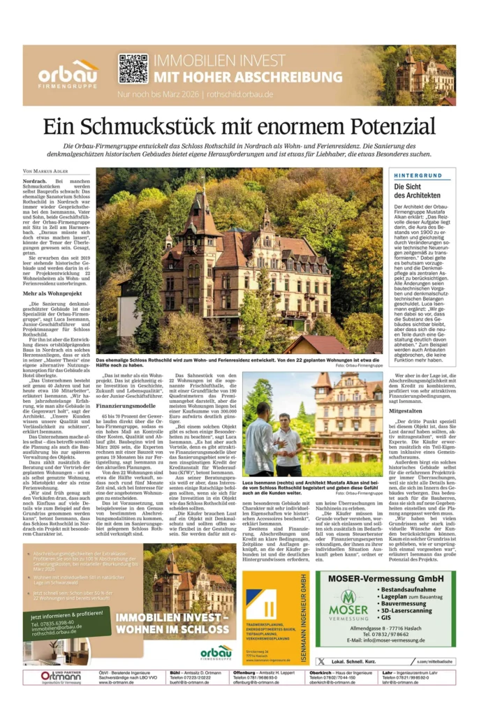 „Zeitungsartikel über die Orbau-Firmengruppe und das Bauprojekt Schloss Rothschild in Nordrach, inklusive Fotos des historischen Gebäudes, Infos zur Sanierung, steuerlichen Vorteilen und Interviews mit Architekt und Projektleitung.“